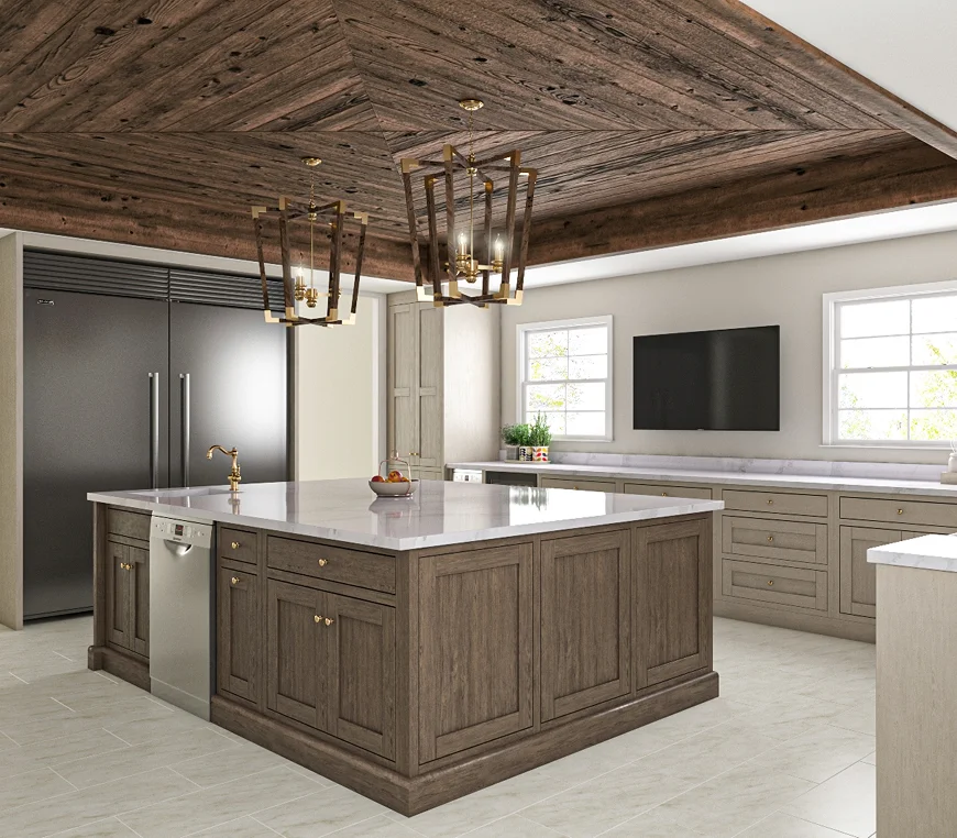 A new kitchen with a wood inlay in the ceiling.