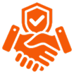 Orange handshake with shield and checkmark.