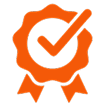 Orange checkmark badge on black background.