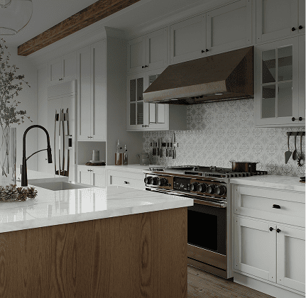 Modern kitchen with island and stainless steel appliances.